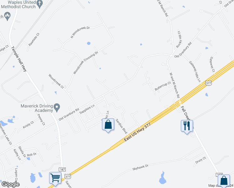 map of restaurants, bars, coffee shops, grocery stores, and more near 4908 Opal Court in Granbury