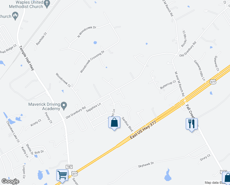 map of restaurants, bars, coffee shops, grocery stores, and more near 4825 Topaz Lane in Granbury