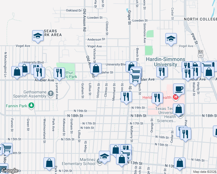 map of restaurants, bars, coffee shops, grocery stores, and more near 2125 Clinton Street in Abilene
