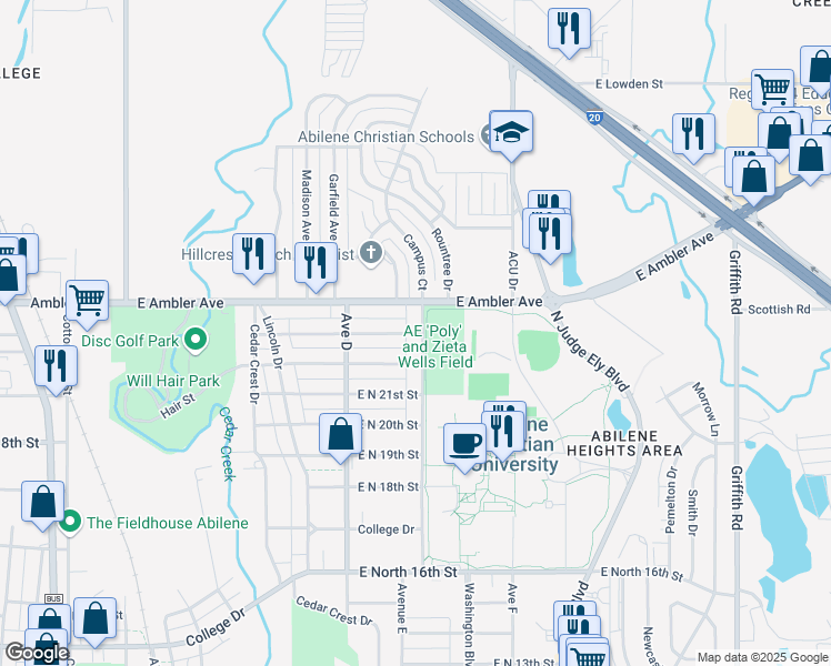 map of restaurants, bars, coffee shops, grocery stores, and more near 2300 Abilene Christian University in Abilene
