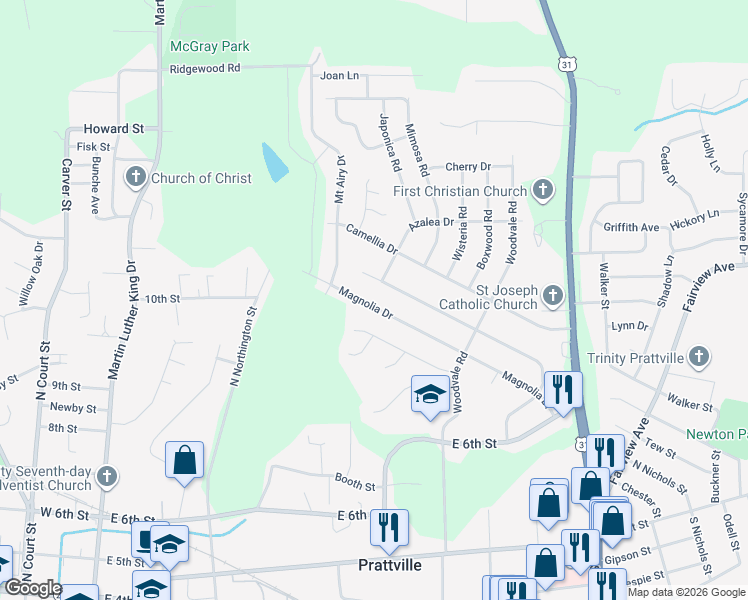 map of restaurants, bars, coffee shops, grocery stores, and more near 236 Magnolia Drive in Prattville