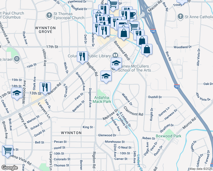 map of restaurants, bars, coffee shops, grocery stores, and more near 1320 Rigdon Road in Columbus