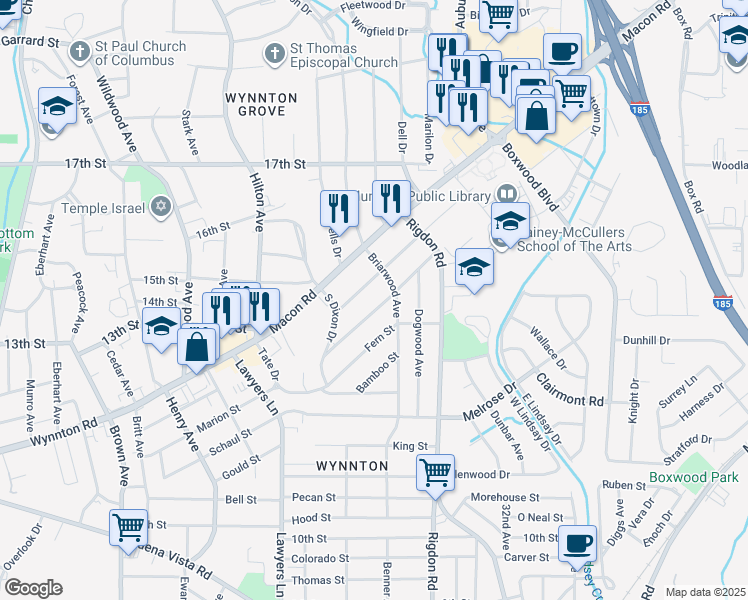 map of restaurants, bars, coffee shops, grocery stores, and more near 2827 Mimosa Street in Columbus