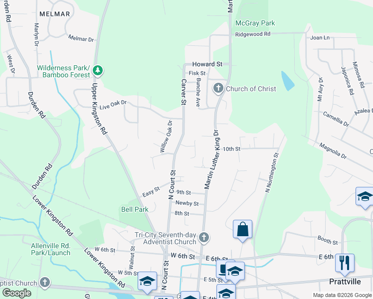 map of restaurants, bars, coffee shops, grocery stores, and more near 104 White Oak Drive in Prattville
