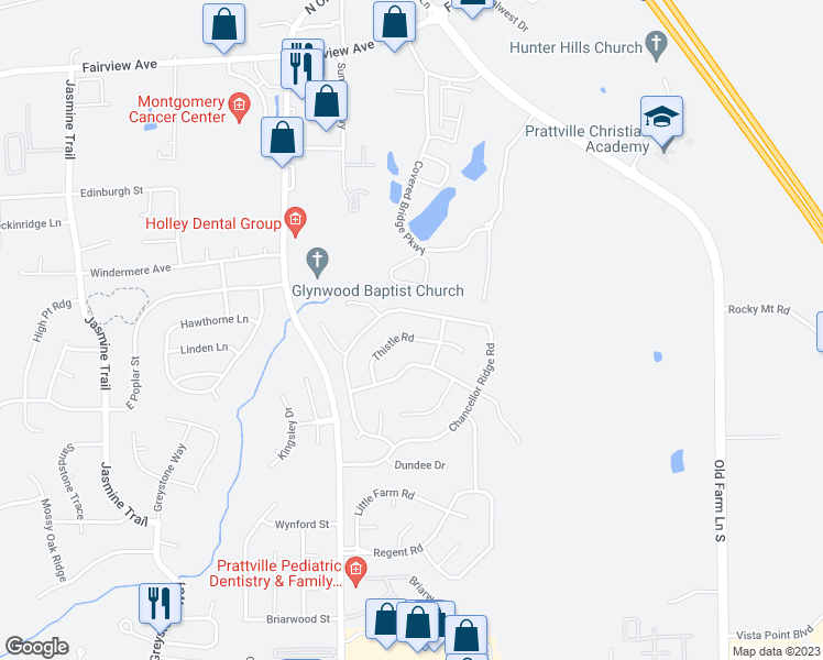 map of restaurants, bars, coffee shops, grocery stores, and more near 1022 Thistle Road in Prattville