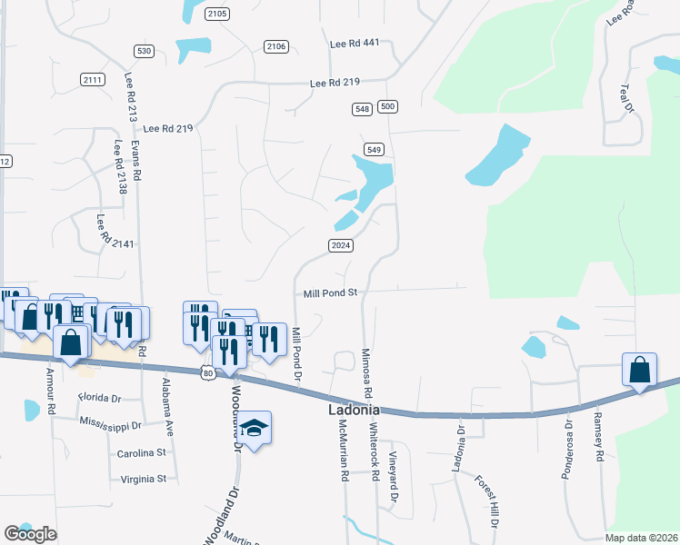 map of restaurants, bars, coffee shops, grocery stores, and more near 34 Lake Lane in Phenix City