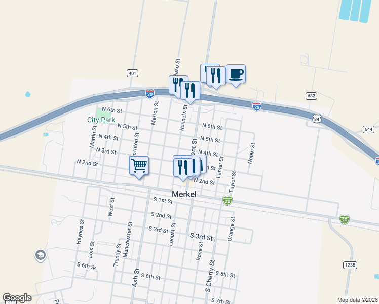 map of restaurants, bars, coffee shops, grocery stores, and more near 311 Kent Street in Merkel