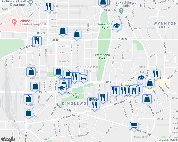 map of restaurants, bars, coffee shops, grocery stores, and more near 1416 16th Avenue in Columbus