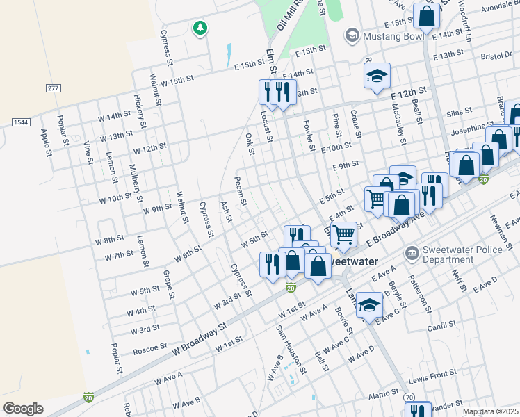 map of restaurants, bars, coffee shops, grocery stores, and more near 106 West 6th Street in Sweetwater