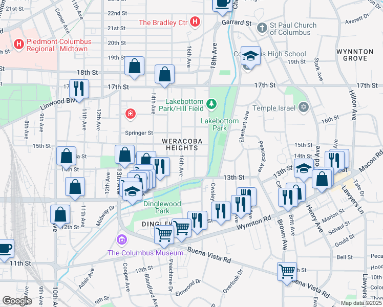 map of restaurants, bars, coffee shops, grocery stores, and more near 1423 17th Avenue in Columbus
