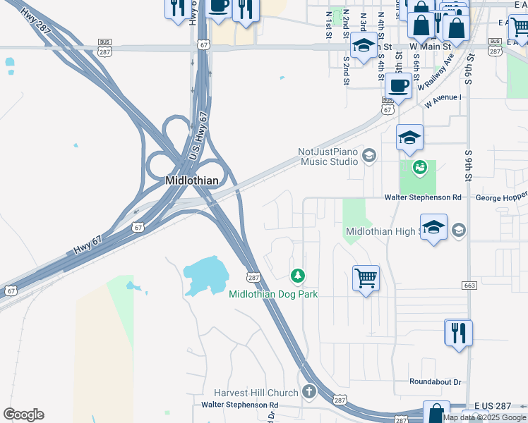 map of restaurants, bars, coffee shops, grocery stores, and more near 1036 Skyview Court in Midlothian
