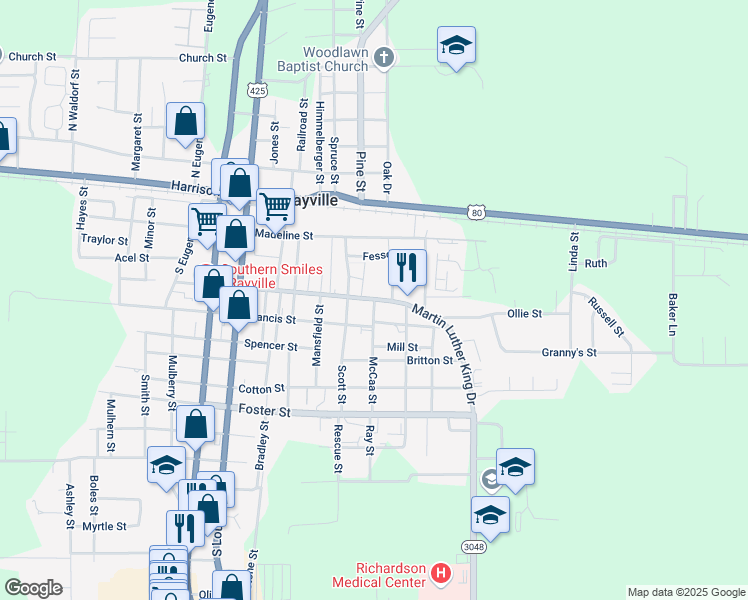 map of restaurants, bars, coffee shops, grocery stores, and more near 101 McCaa Street in Rayville