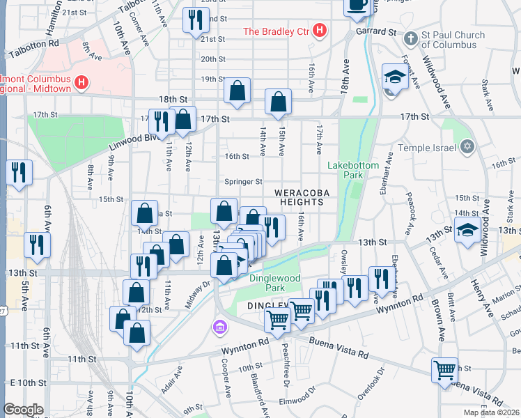 map of restaurants, bars, coffee shops, grocery stores, and more near 1354 Virginia Street in Columbus