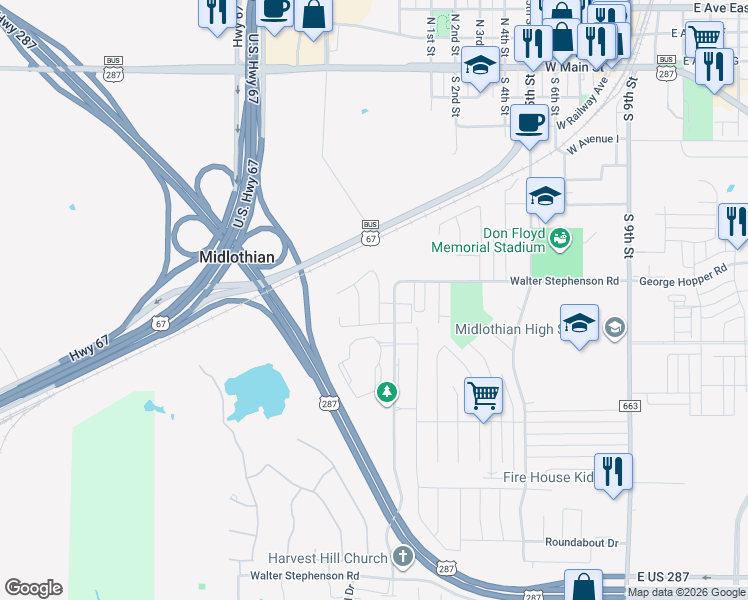map of restaurants, bars, coffee shops, grocery stores, and more near 929 Skyview Drive in Midlothian