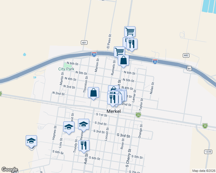 map of restaurants, bars, coffee shops, grocery stores, and more near 1206 North 3rd Street in Merkel