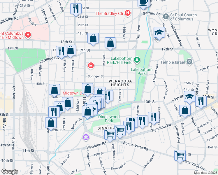 map of restaurants, bars, coffee shops, grocery stores, and more near 1414 Virginia Street in Columbus