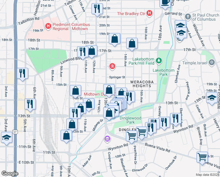map of restaurants, bars, coffee shops, grocery stores, and more near 1310 Virginia Street in Columbus
