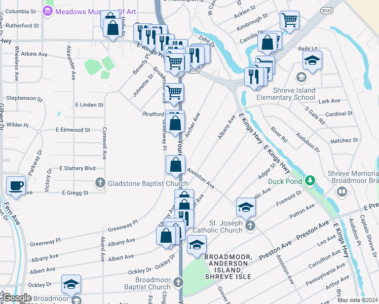 map of restaurants, bars, coffee shops, grocery stores, and more near 198 Ardmore Avenue in Shreveport