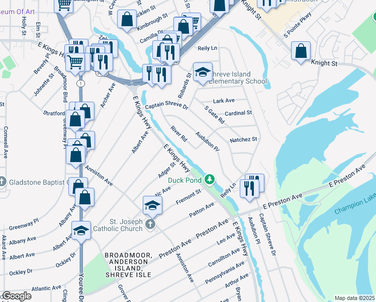 map of restaurants, bars, coffee shops, grocery stores, and more near 903 River Rd in Shreveport