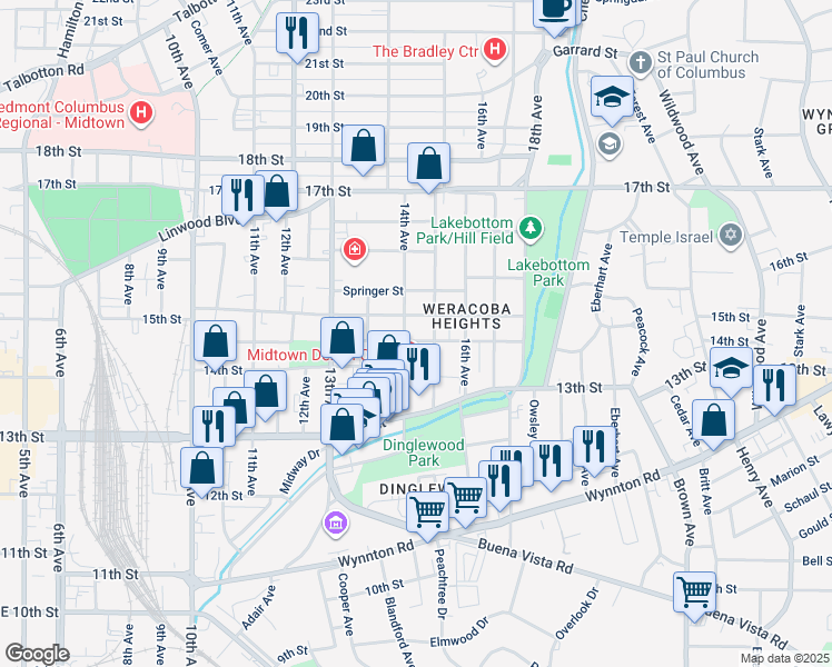 map of restaurants, bars, coffee shops, grocery stores, and more near 1414 Virginia Street in Columbus