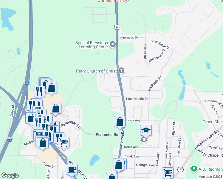 map of restaurants, bars, coffee shops, grocery stores, and more near 303 Spring Creek Drive in Perry