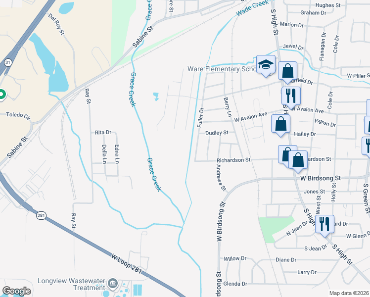 map of restaurants, bars, coffee shops, grocery stores, and more near 1303 Fuller Drive in Longview
