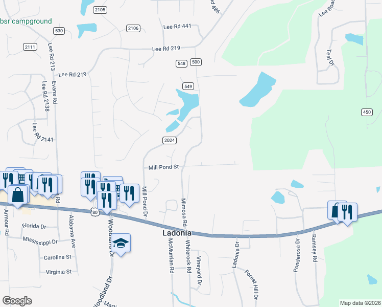 map of restaurants, bars, coffee shops, grocery stores, and more near 572 Mimosa Road in Phenix City