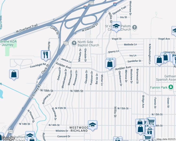 map of restaurants, bars, coffee shops, grocery stores, and more near 2141 Glendale Drive in Abilene