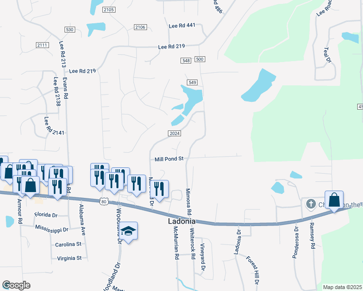 map of restaurants, bars, coffee shops, grocery stores, and more near 70 Mill Pond Lane in Phenix City