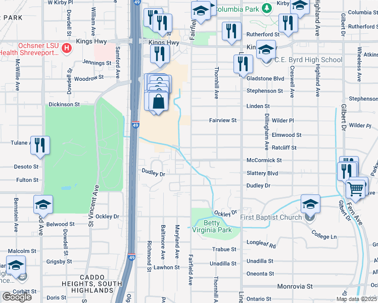 map of restaurants, bars, coffee shops, grocery stores, and more near 960 McCormick Street in Shreveport