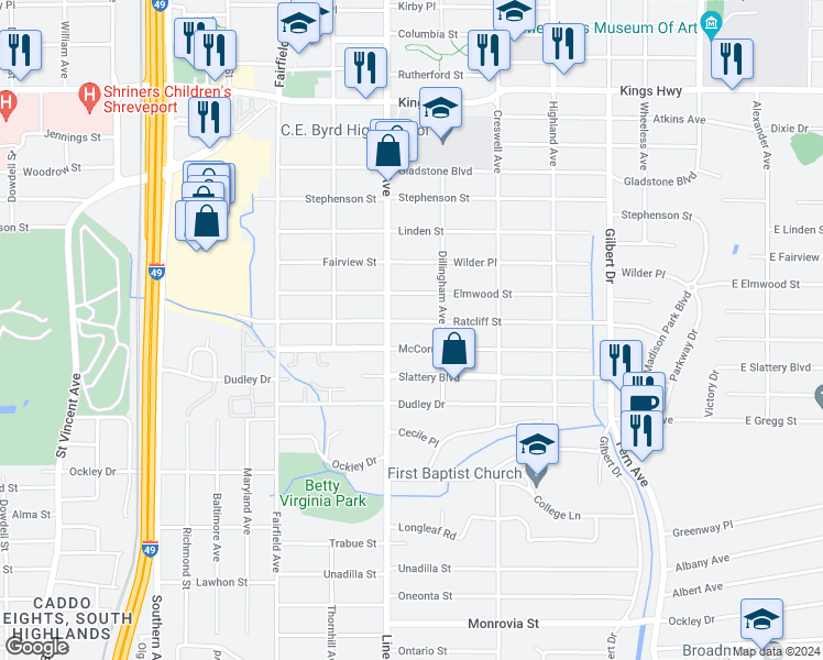 map of restaurants, bars, coffee shops, grocery stores, and more near 750 McCormick Street in Shreveport