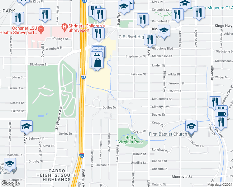map of restaurants, bars, coffee shops, grocery stores, and more near 960 McCormick Street in Shreveport