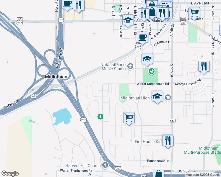 map of restaurants, bars, coffee shops, grocery stores, and more near 1300 Pecan Ridge Drive in Midlothian