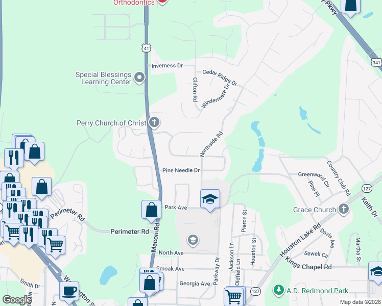 map of restaurants, bars, coffee shops, grocery stores, and more near 1705 Northside Road in Perry