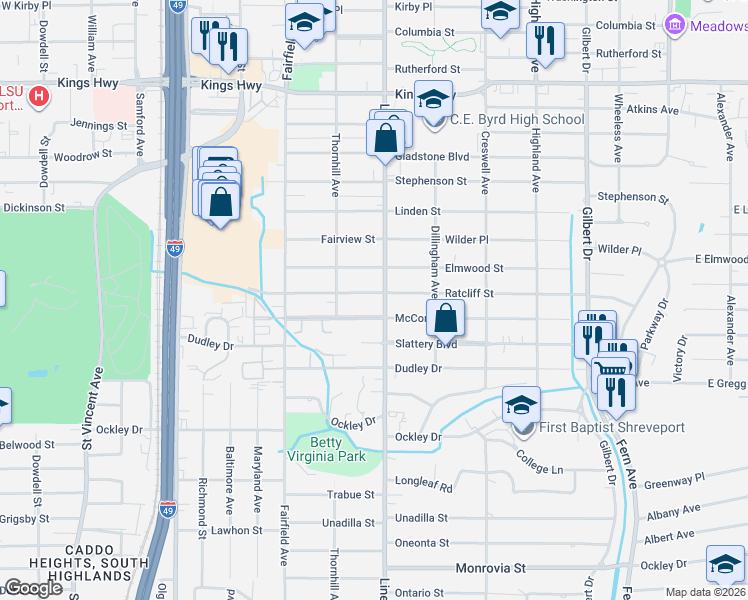 map of restaurants, bars, coffee shops, grocery stores, and more near 824 McCormick Street in Shreveport