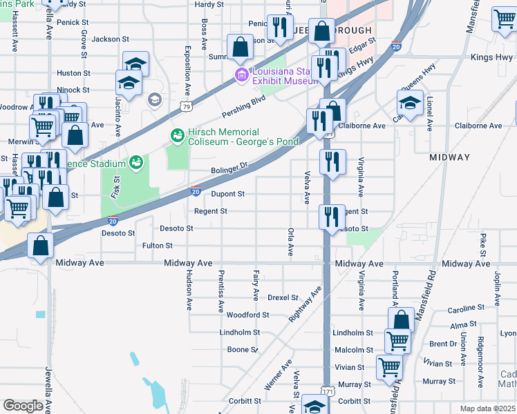 map of restaurants, bars, coffee shops, grocery stores, and more near 2960 Regent Street in Shreveport