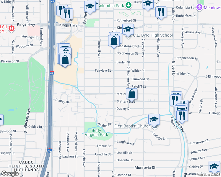 map of restaurants, bars, coffee shops, grocery stores, and more near 824 McCormick Street in Shreveport