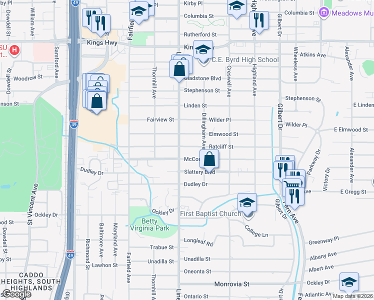map of restaurants, bars, coffee shops, grocery stores, and more near 750 McCormick Street in Shreveport