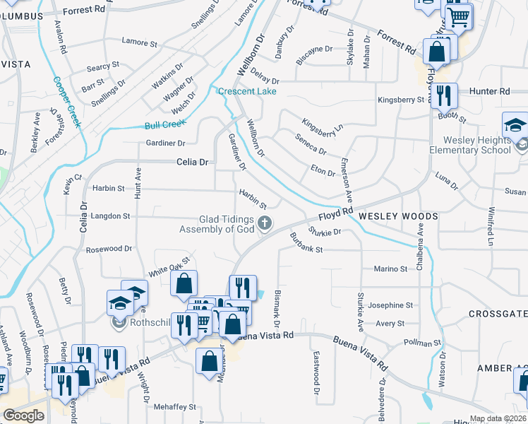 map of restaurants, bars, coffee shops, grocery stores, and more near 4952 Harbin Street in Columbus
