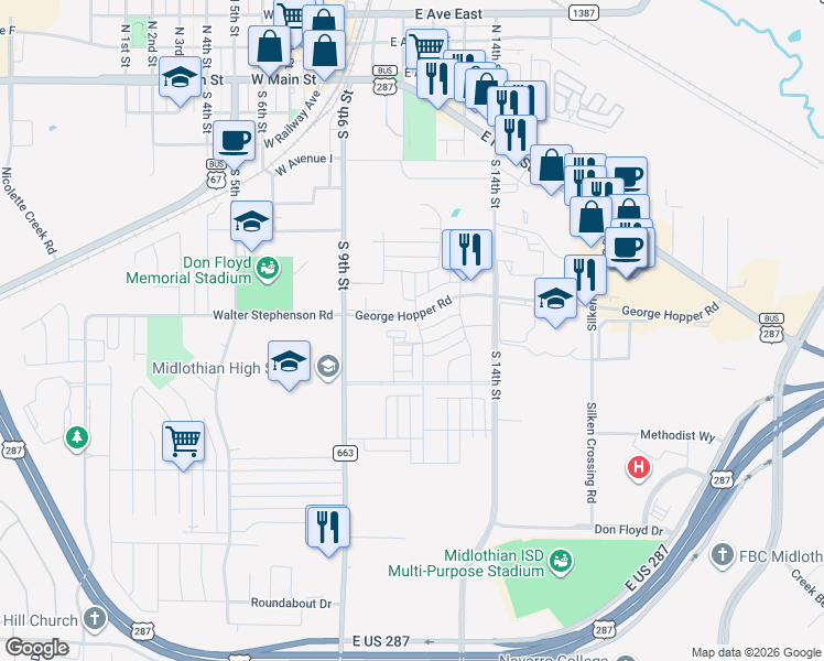 map of restaurants, bars, coffee shops, grocery stores, and more near 991 Abigail Way in Midlothian