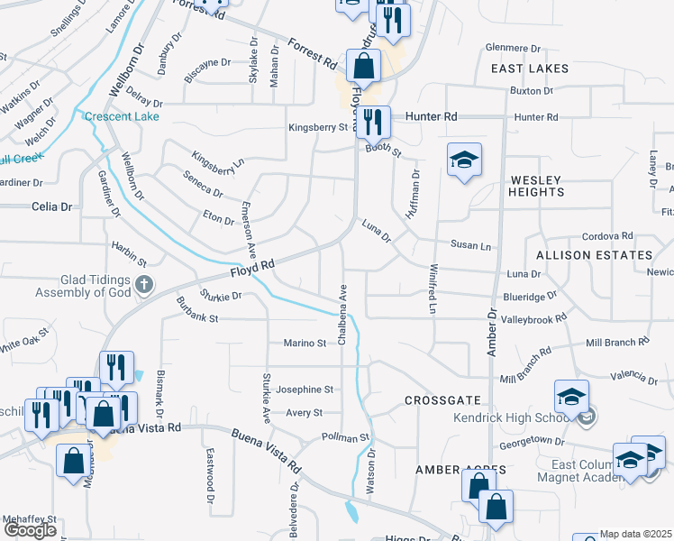map of restaurants, bars, coffee shops, grocery stores, and more near 1414 Hagan Drive in Columbus