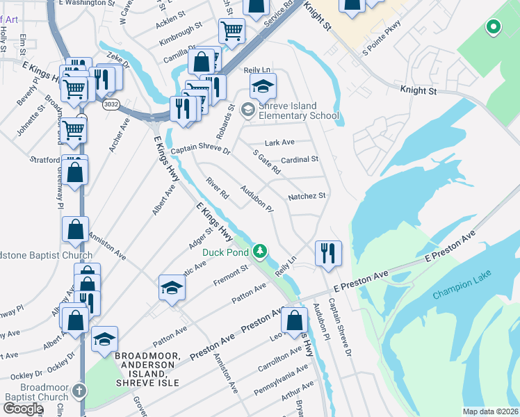 map of restaurants, bars, coffee shops, grocery stores, and more near 927 Audubon Place in Shreveport