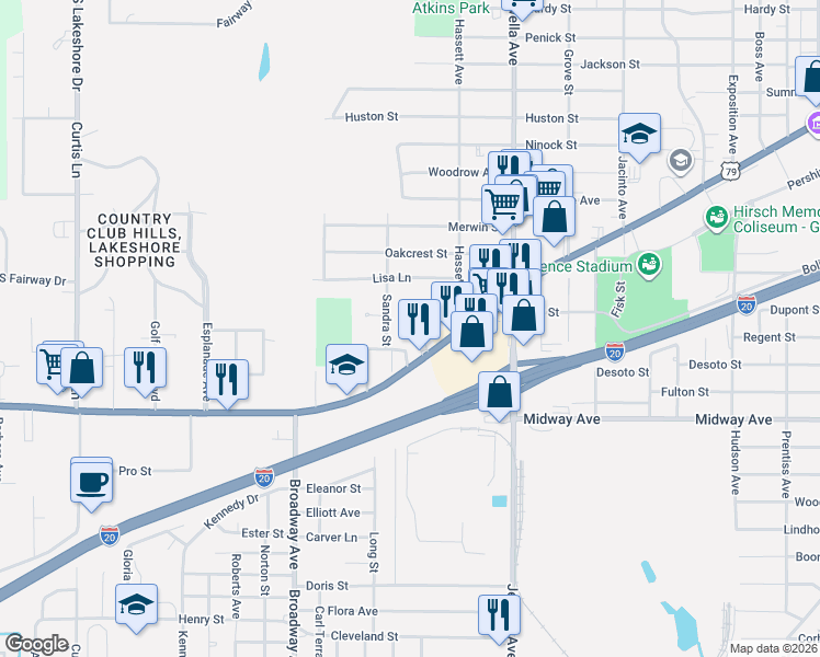 map of restaurants, bars, coffee shops, grocery stores, and more near in Shreveport