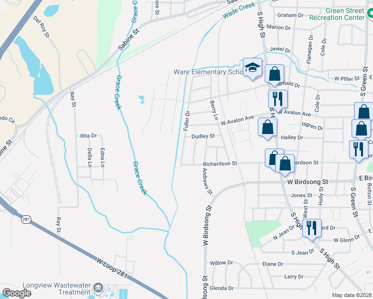 map of restaurants, bars, coffee shops, grocery stores, and more near 1303 Fuller Drive in Longview