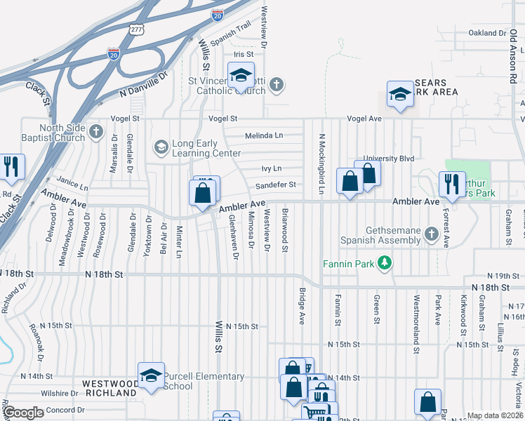 map of restaurants, bars, coffee shops, grocery stores, and more near 2109 Mimosa Drive in Abilene