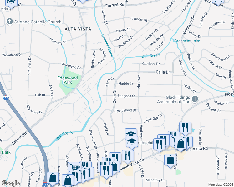 map of restaurants, bars, coffee shops, grocery stores, and more near 1404 Celia Drive in Columbus