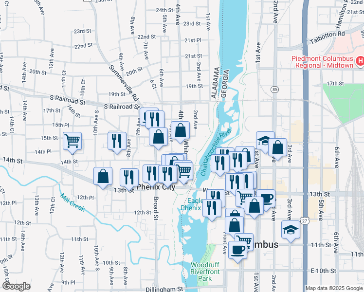 map of restaurants, bars, coffee shops, grocery stores, and more near 1509 Whitewater Avenue in Phenix City