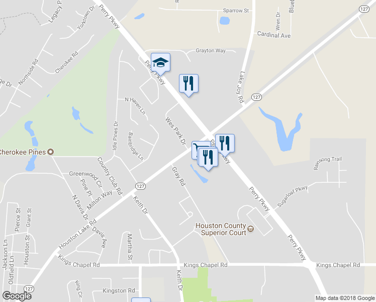 map of restaurants, bars, coffee shops, grocery stores, and more near 1804 Houston Lake Road in Perry