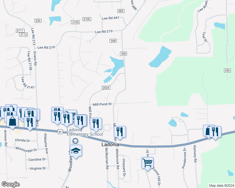 map of restaurants, bars, coffee shops, grocery stores, and more near 524 Mimosa Road in Phenix City