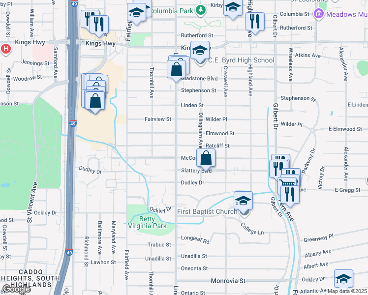 map of restaurants, bars, coffee shops, grocery stores, and more near 745 Ratcliff Street in Shreveport